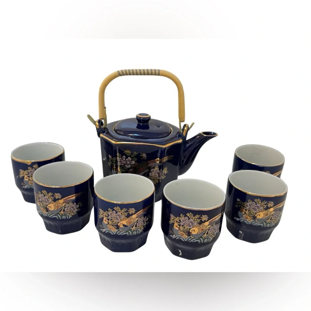 Vintage Cobalt Blue Japanese Pheasant Bird Teapot Teacups Tea Set 8 pcs.